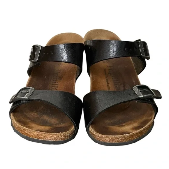 BIRKENSTOCK Papillio Dorothy Graceful Cork Wedge Leather Buckle Sandal Black 10 - Picture 8 of 15